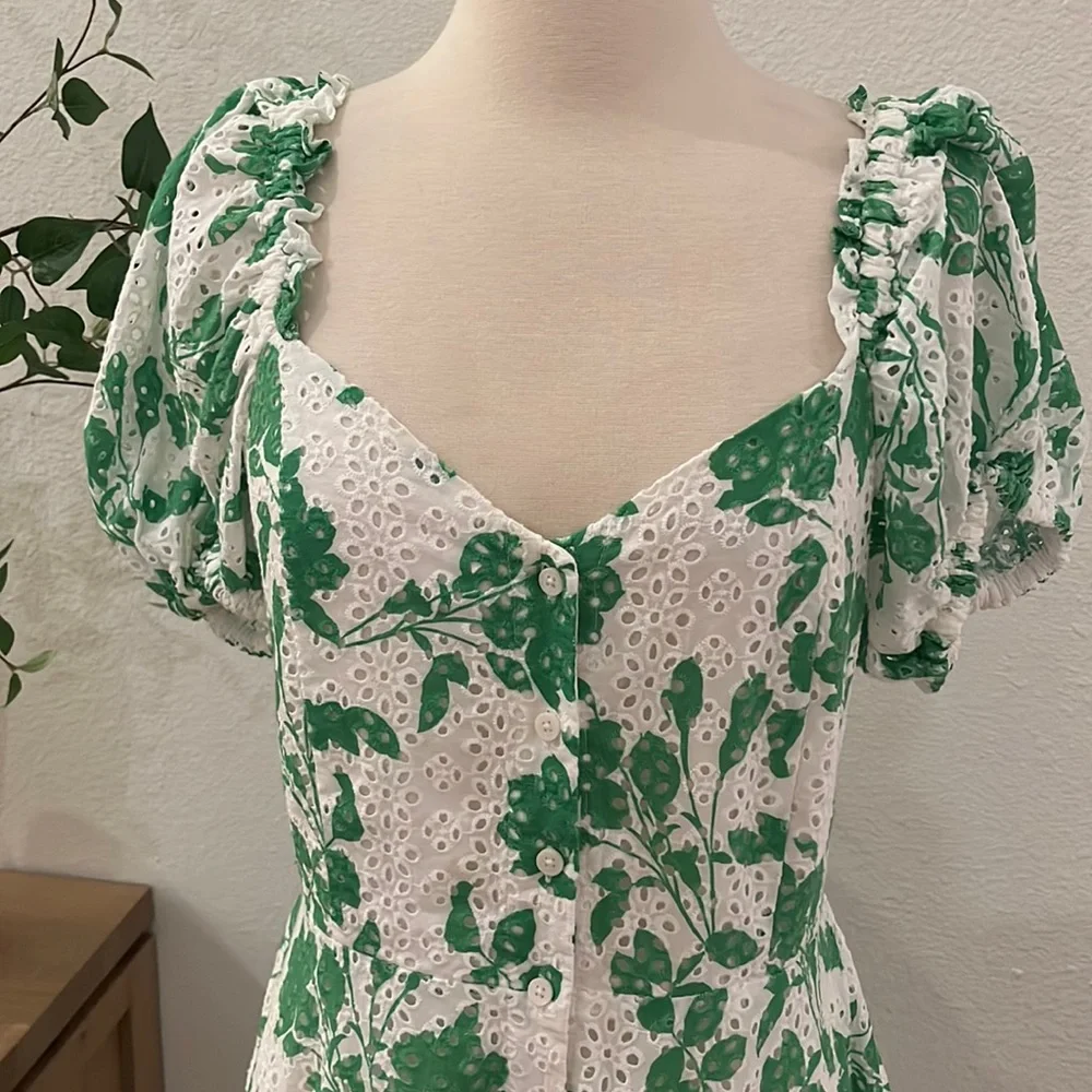 Rachel Parcell | Stencil Floral Eyelet Puff Sleeve Midi Dress Foliage Green - Picture 3 of 12